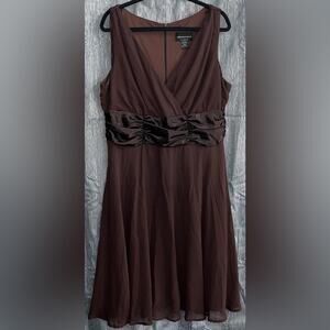Vintage Connected Woman Brown V-Neck Satin Ruched A-Line Midi Dress 22” P2P